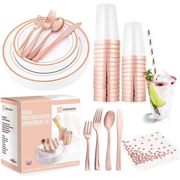 250Piece Disposable Rose Gold Plastic Dinnerware Set-50 Rose Gold Plastic Plates - Picture 1 of 6
